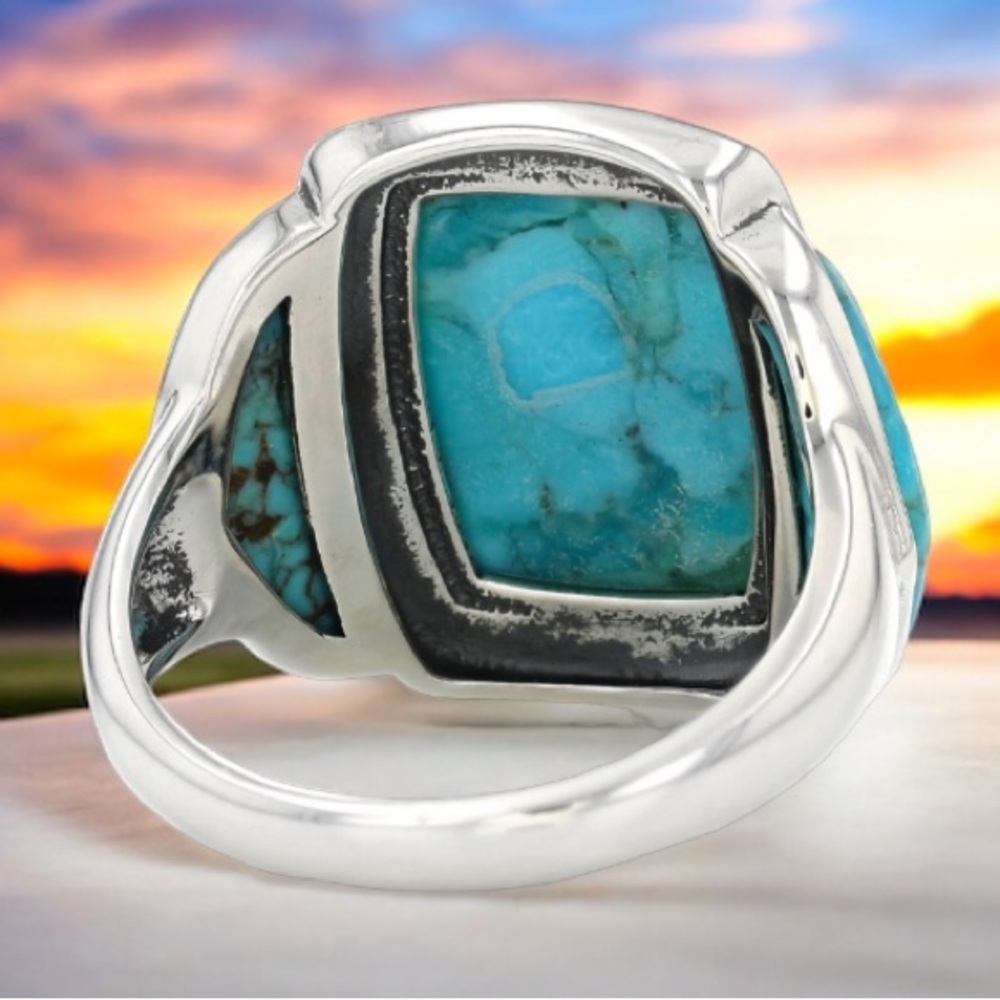 Southwest Blue Turquoise Oxidized Sterling Silver Ring Native American Size 10 - Picture 2 of 4